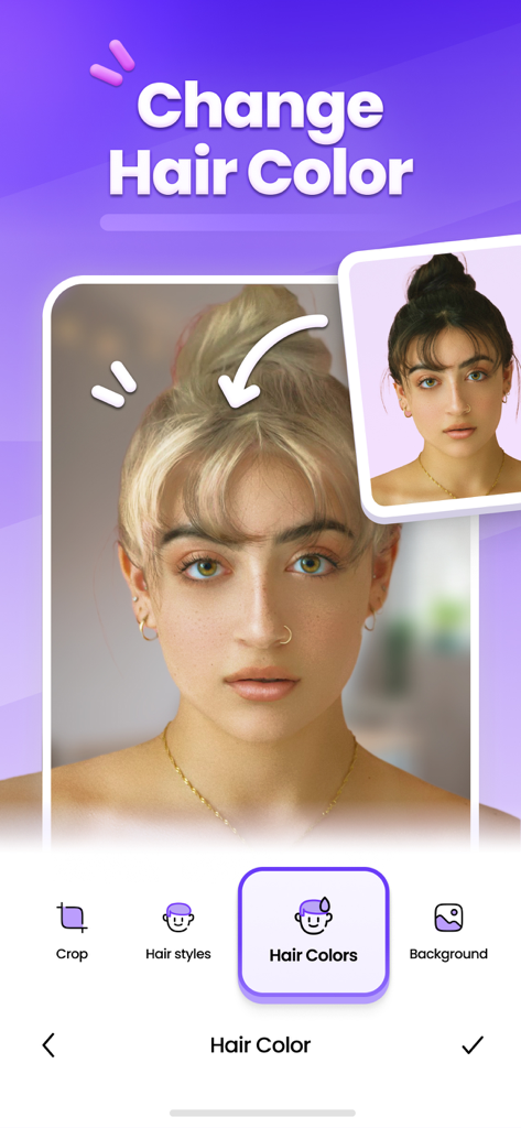 Hair Changer Editor AI Filters - A virtual hair salon app interface showing a realistic AI-generated blonde hair color transformation on a young woman.