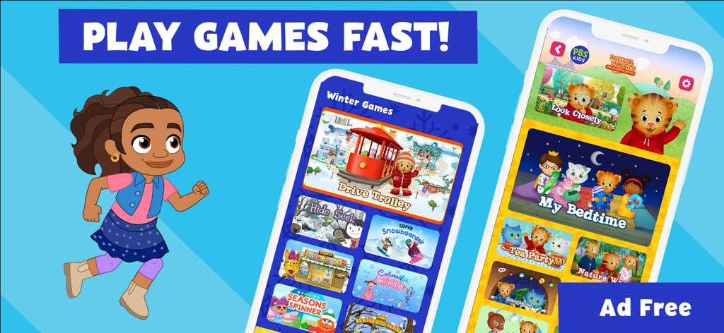 A screenshot of the PBS KIDS Games app showing various educational games for children including characters like Daniel Tiger and Alma.