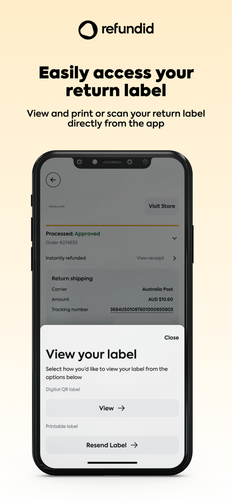 Mobile app interface of Refundid displaying return shipping label and tracking information