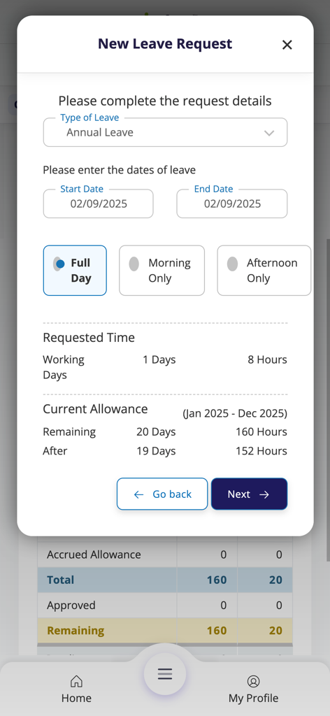 Cintra People HR - Mobile screen for submitting a new leave request in the Cintra People HR app