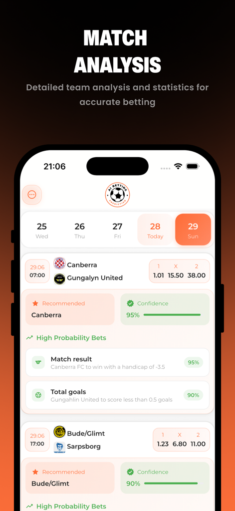 AI Betting Prediction - Interfaz de la aplicación Predicción de Apuestas IA que muestra análisis detallado de partidos con índices de probabilidad de alta confianza y selecciones deportivas recomendadas.