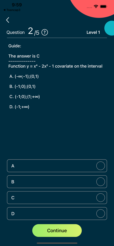 STMath - STMath mobile app interface showing a multiple-choice math quiz question about function behavior on specific intervals.