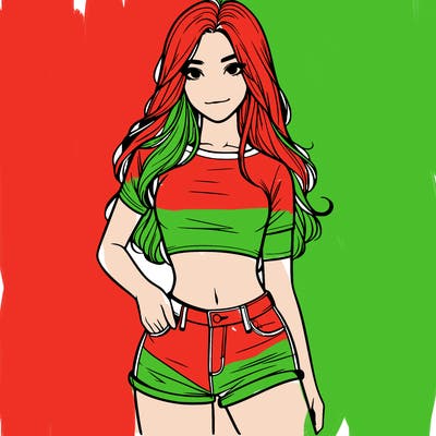 teenage girl with a crop top short shorts and long hair realistic