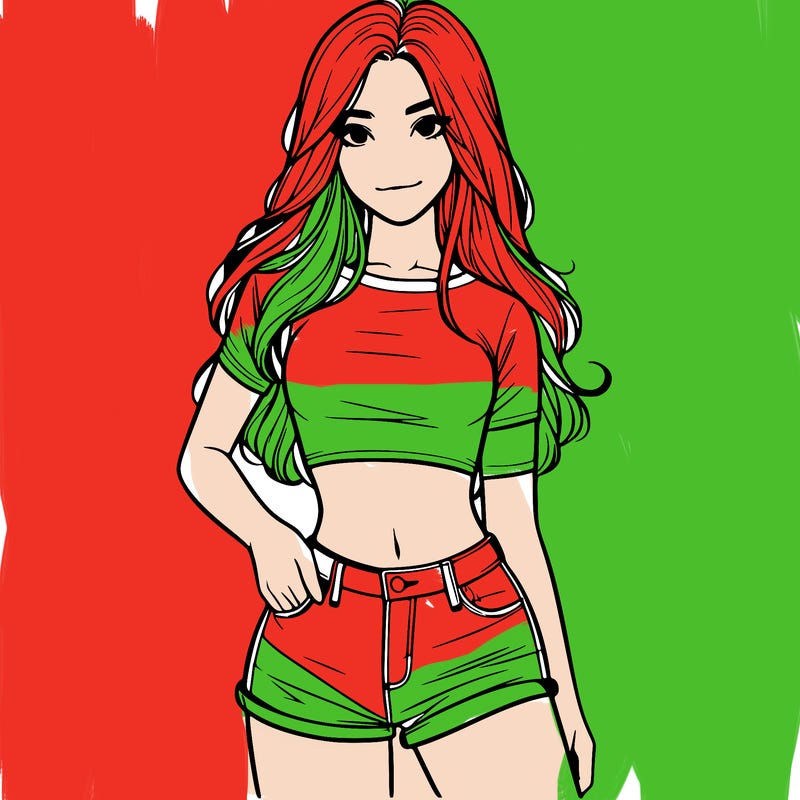 teenage girl with a crop top short shorts and long hair realistic