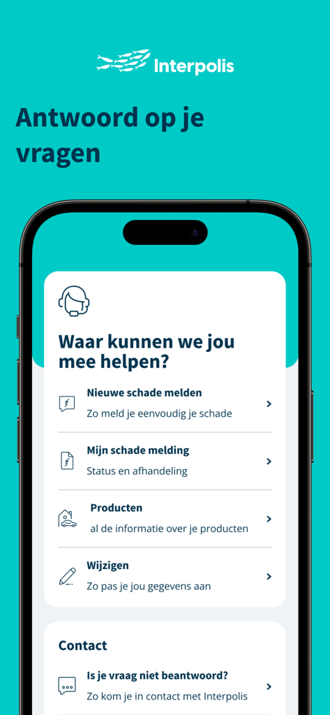 Interfaccia dell'app mobile Interpolis che visualizza opzioni di aiuto come la segnalazione di reclami e la gestione di prodotti assicurativi