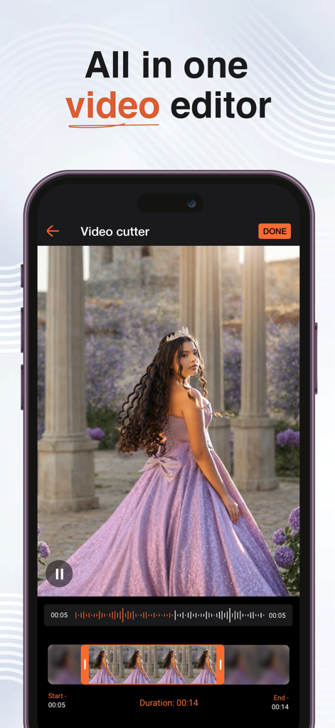 Interfaz de la aplicación editora de video para móviles que muestra la función de corte de video