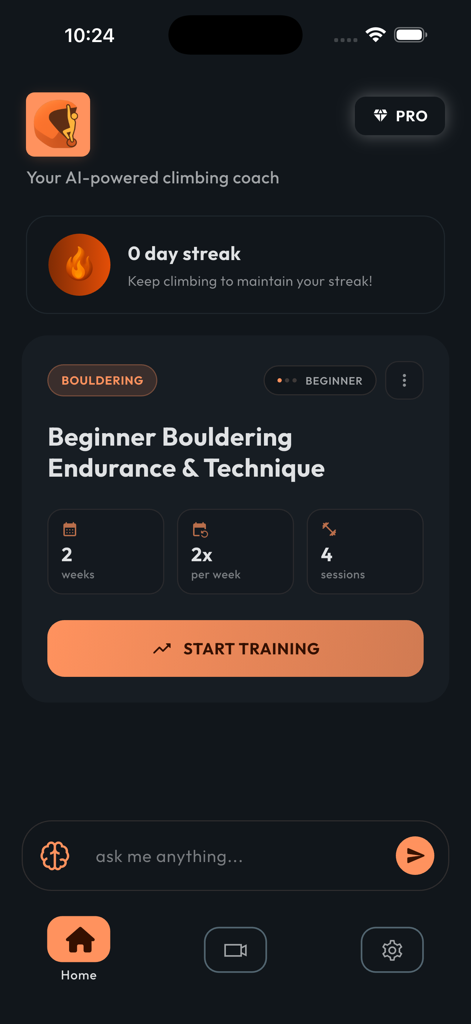 Climbah: Bouldering & Climb AI - Climbah app home screen displaying a beginner bouldering training plan and AI coach chat interface