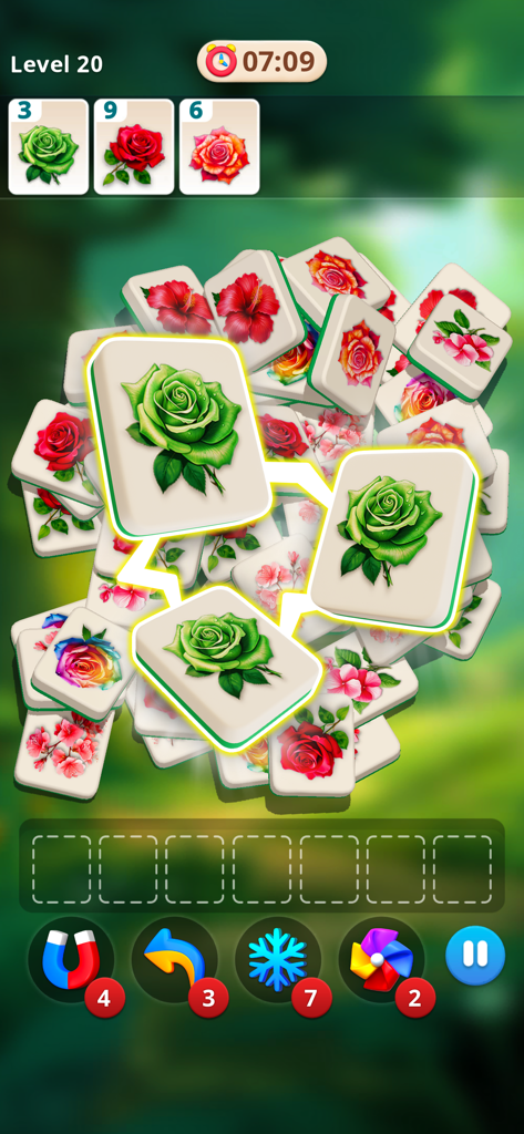 Tile Blossom Forest: Triple 3D - Gameplay screen of Tile Blossom Forest showing 3D floral tiles matching in a serene forest setting