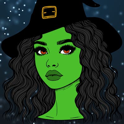realistic girl with wavy hair a witch hat and a nose and lips and eyes