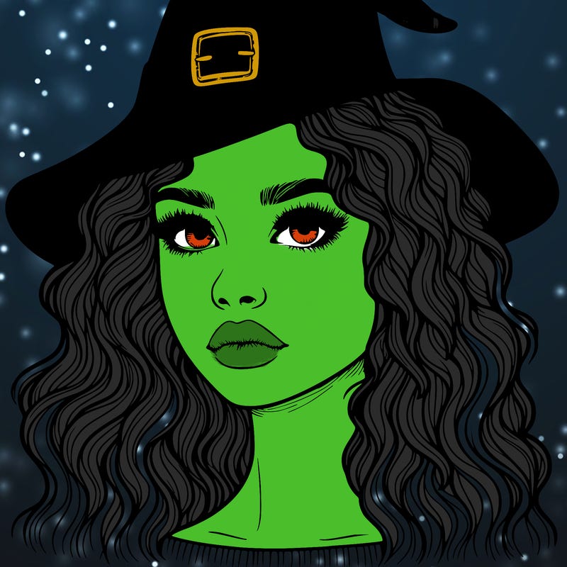 realistic girl with wavy hair a witch hat and a nose and lips and eyes