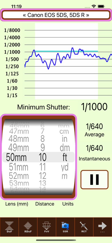 Interface of SetMyCamera photography app showing shutter speed recommendations for a Canon DSLR