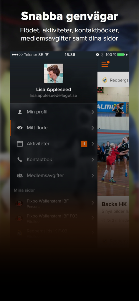 laget.se - Laget.se mobile App Seitenleistenmenü mit Profilinformationen und Verknüpfungen für Aktivitäten und Teamkontakte