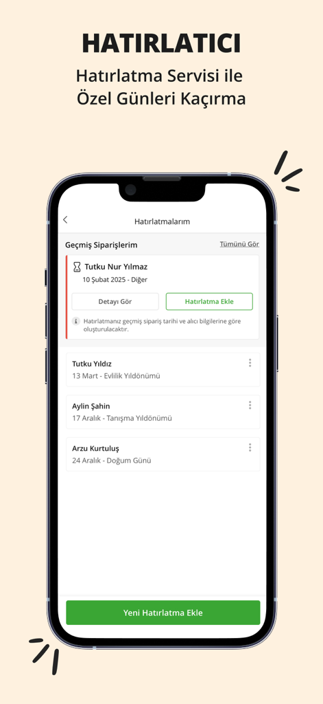 Ciceksepeti mobile app interface showing the reminder service for tracking special dates like birthdays and anniversaries