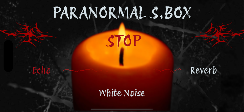 Paranormal Spirit Box - Interfaccia principale dell'app Paranormal Spirit Box con candela accesa e controlli audio per eco, riverbero e rumore bianco