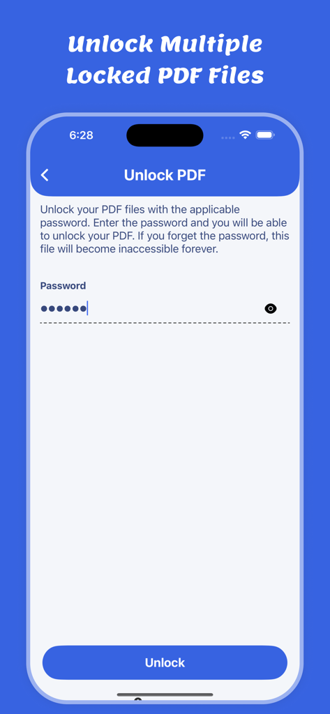 Web To PDF : Scanner & Reader - iPhoneで保護されたPDFドキュメントのロックを解除するためにパスワード入力画面が表示されているWeb To PDFアプリのインターフェース。