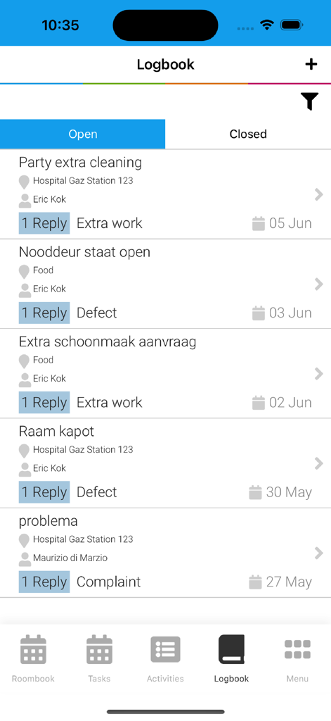 FacilityApps - Logbook screen of the FacilityApps mobile application displaying a list of open tasks and maintenance reports.