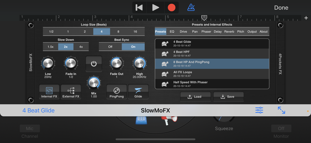 SlowMoFX - SlowMoFX AUv3 plugin user interface showing half speed effects and preset settings