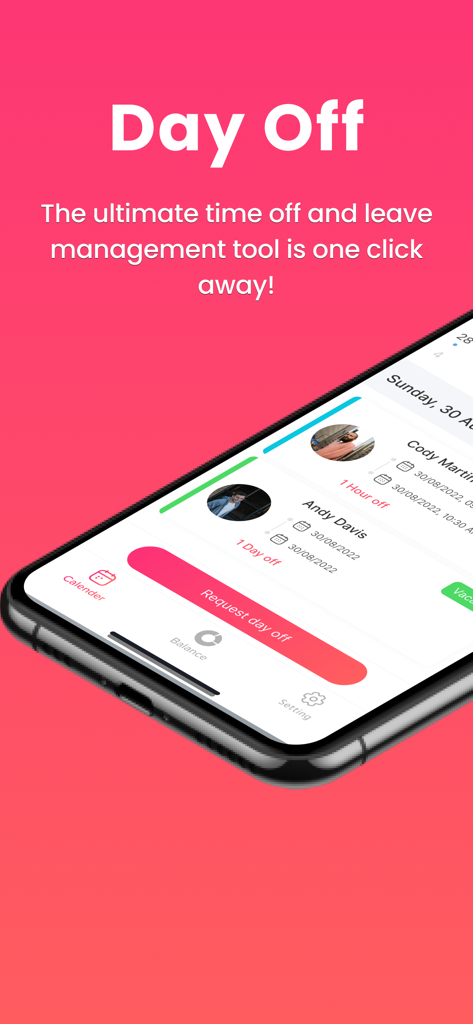 Day Off - Leave Tracker & PTO - Smartphone displaying the Day Off app interface for leave management and PTO tracking