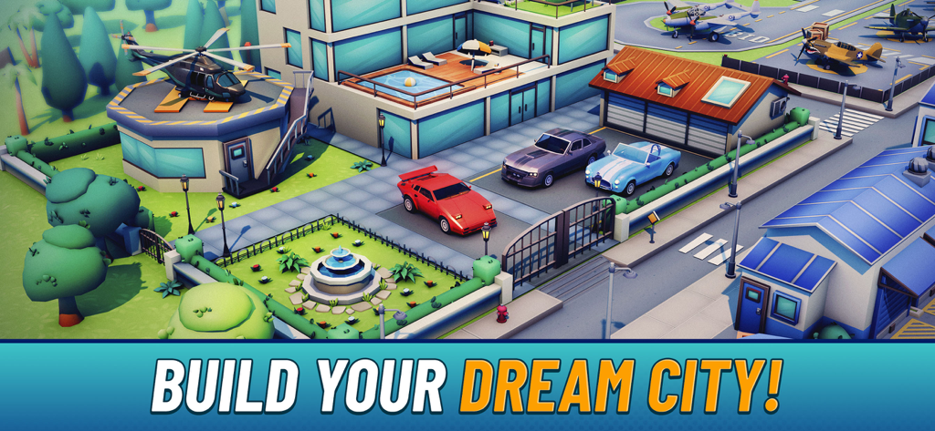 Bid Wars: Auction Master 3D - Bid Wars game screen showing luxury buildings sports cars and a helicopter with text build your dream city