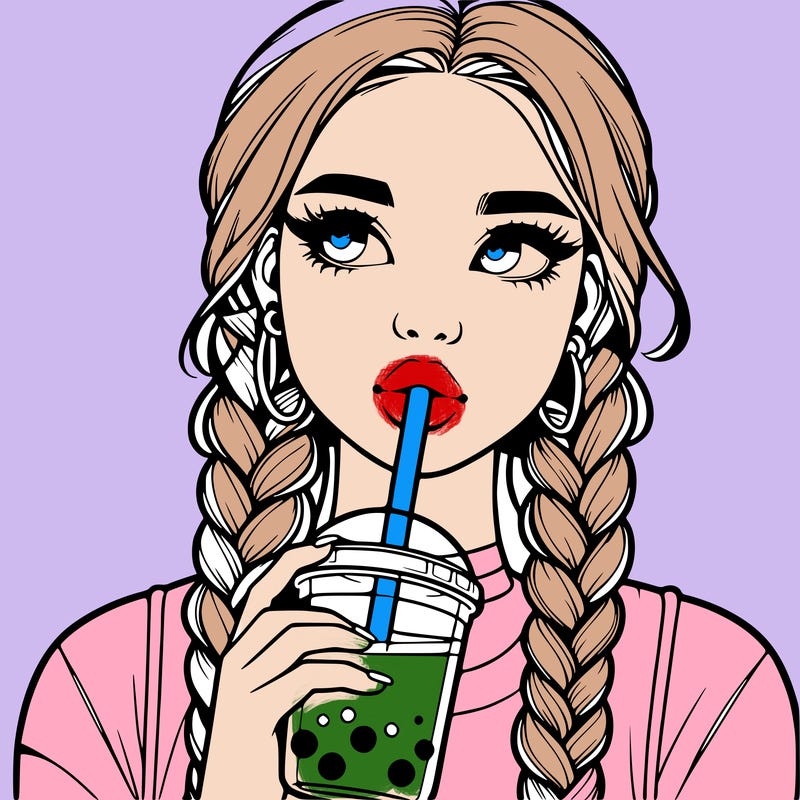 realistic girl with braided hair drinking boba