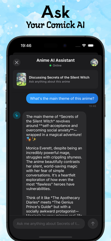 Animix: Explore Animekai Anime - Interface of the Anime AI Assistant feature in Animix app discussing anime themes.