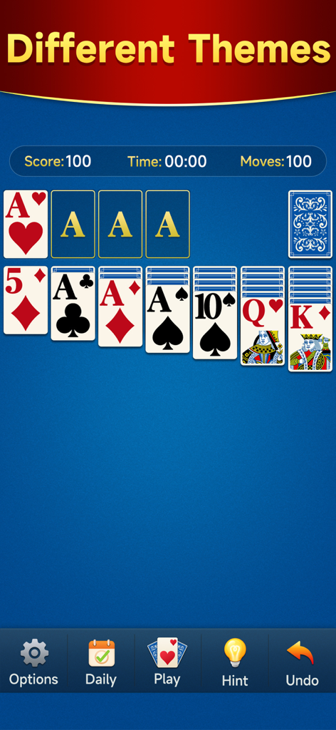 Mint Solitaire - A classic solitaire card game screen with a clean blue theme and gameplay buttons