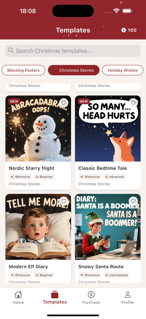 Kevi - The Kevi app interface displaying a gallery of festive Christmas story and poster templates