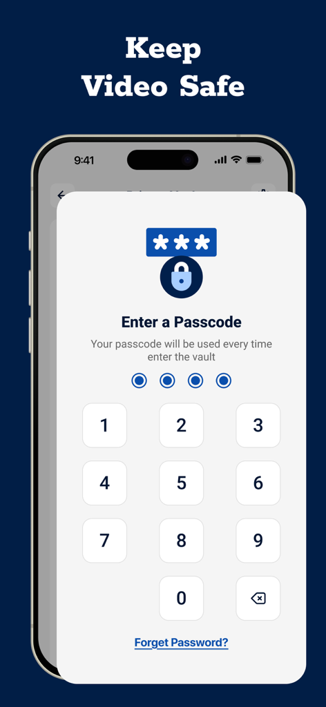 Sicherer Bildschirm zur Passcode-Eingabe für die private Video-Vault-Funktion