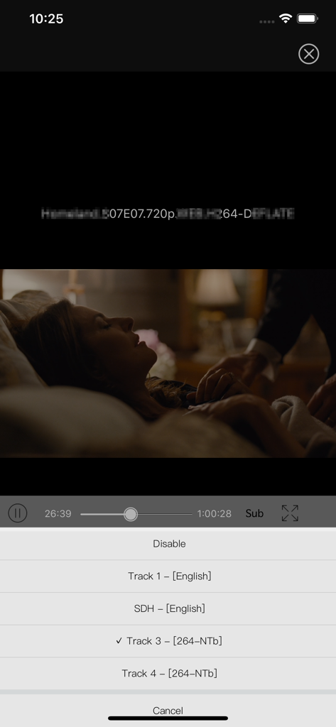 X Player interface showing multiple subtitle track options during video playback