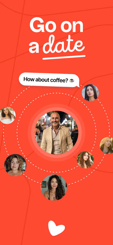 Kismia dating app interface showing a mature man's profile surrounded by potential matches with an icebreaker message bubble asking for coffee