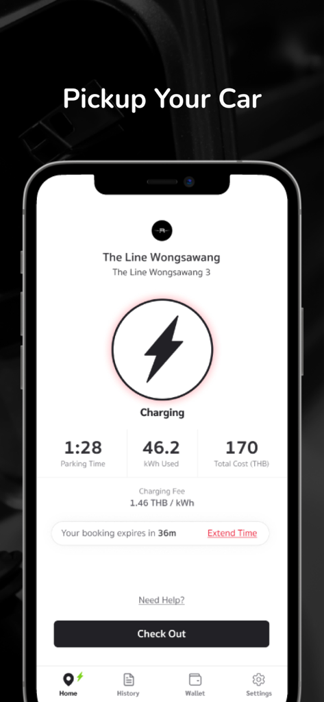 A smartphone displaying the ReverSharger app showing an active electric vehicle charging session with energy usage and cost metrics