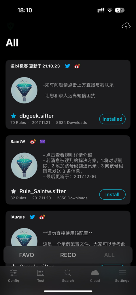 Sifter - Spam SMS Filter - Interface of the Sifter app displaying a list of community-created SMS filtering rules available for download in the cloud section.