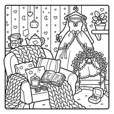Step into a charming world of love and comfort with this Kawaii-style coloring page, blending a cozy home interior with delightful wedding elements. Immerse yourself in the sweet details of a wedding dress, rings, and warm hygge accents.