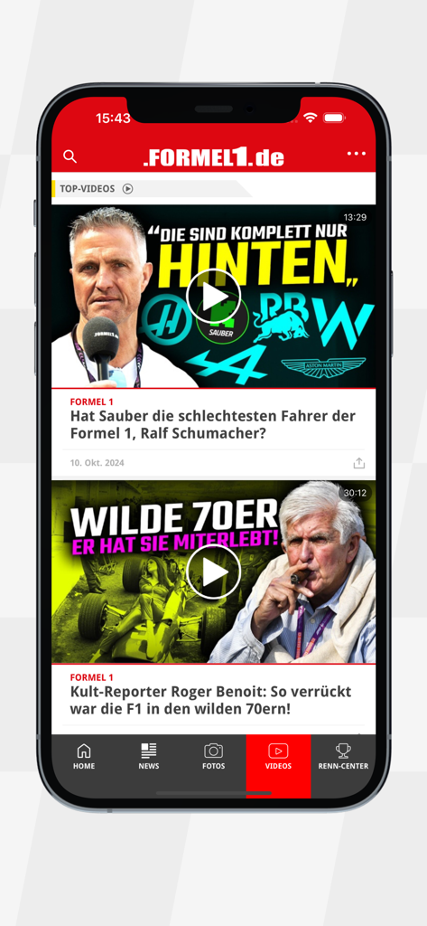 Formel1.de - Capture d'écran de l'application mobile Formel1.de montrant la section des meilleures vidéos avec des actualités et des interviews sur la Formule 1.