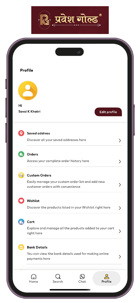 Pravesh Gold - User profile section of the Pravesh Gold jewelry app showing account options and order history