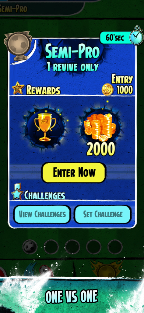 Semi-Pro tournament entry screen in Cristiano Ronaldo Kick n Run game showing rewards and entry fee