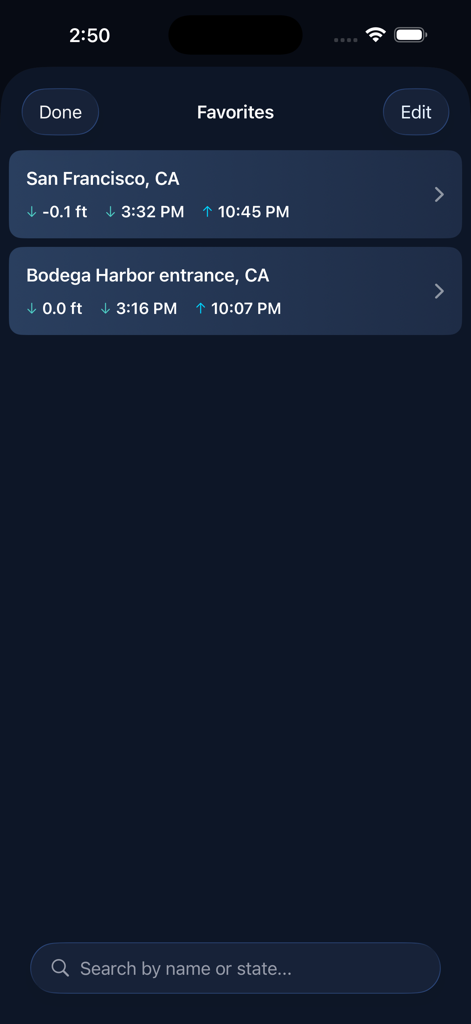 NOAA Tides - Pantalla de favoritos de la aplicación NOAA Tides que muestra predicciones de mareas para San Francisco y el puerto de Bodega.