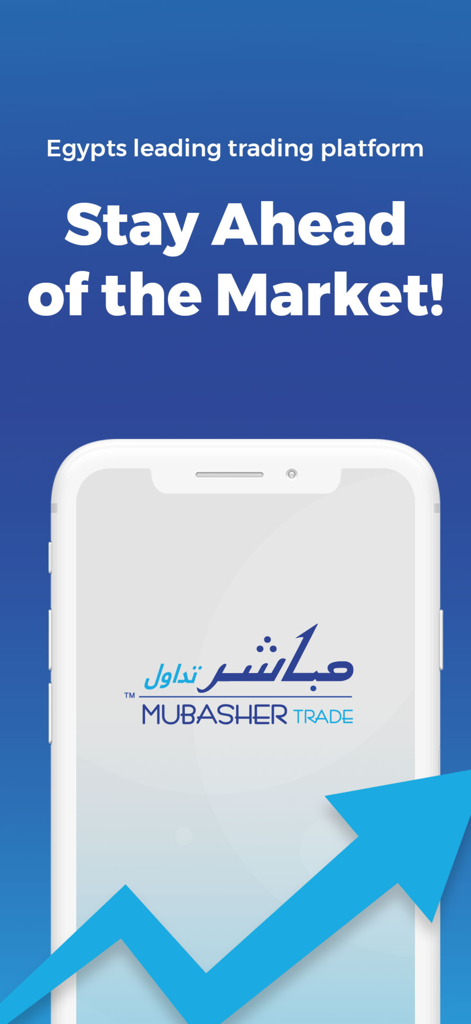 Mubasher: Trade & Invest - Smartphone displaying Mubasher Trade Egypt logo with an upward trending arrow and market growth slogan