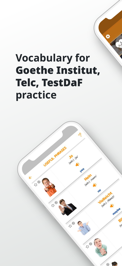 PORO - German Vocabulary - Oberfläche einer deutschen Lern-App zur Prüfungsvorbereitung und für nützliche Sätze