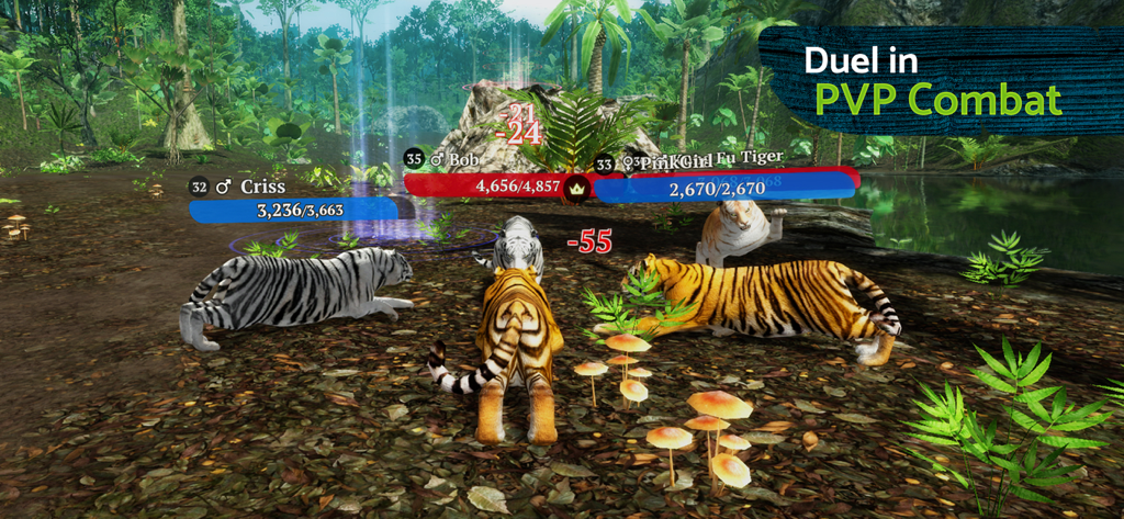 3Dのジャングル環境内でリアルタイムのオンラインPVPデュエルに参加する複数のトラ