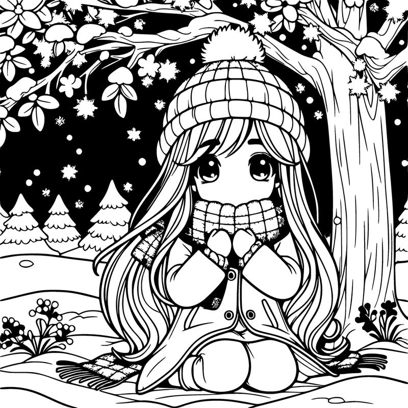 realistic girl under a tree under the snowy starry sky