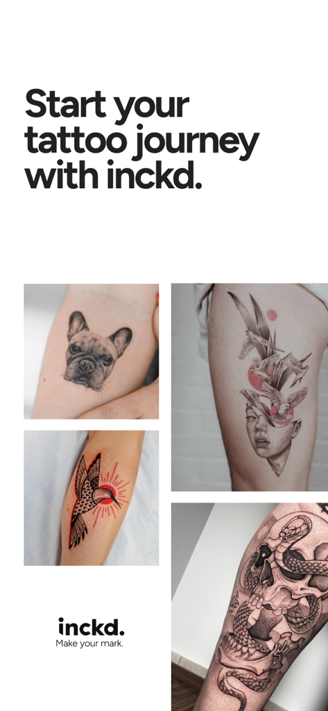 inckd. - A collage of artistic tattoo designs with the text Start your tattoo journey with inckd.