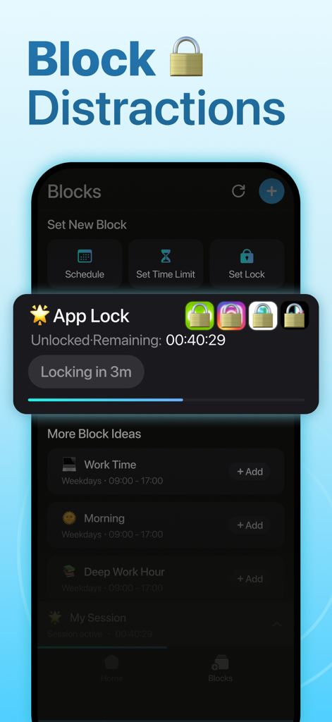 LIMIT: Screen Time Control - The LIMIT app interface showing app lock settings and scheduled focus blocks like Deep Work Hour