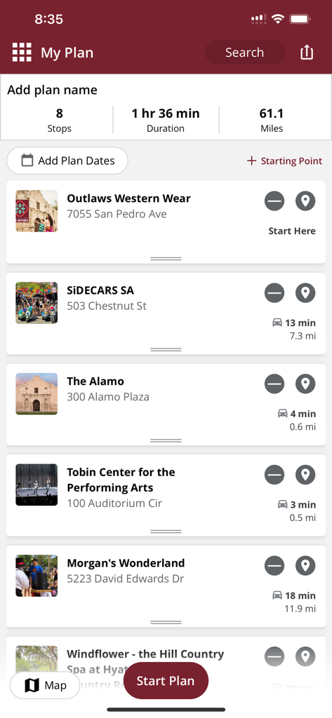 Visit San Antonio TX - Visit San Antonio アプリの旅程作成ツールが表示されたモバイル画面。旅行計画にいくつかの観光名所がリストされています。