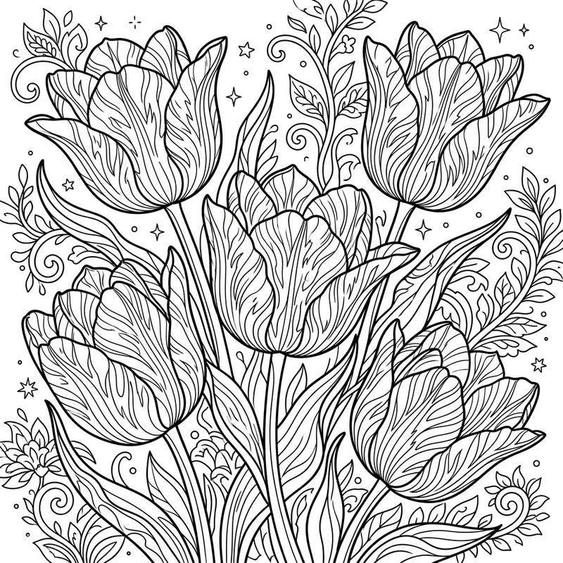 Discover the beauty of Viridiflora Tulips with this exquisite adult coloring page. Designed with intricate patterns and delicate botanical details, it offers a challenging yet rewarding coloring experience.
