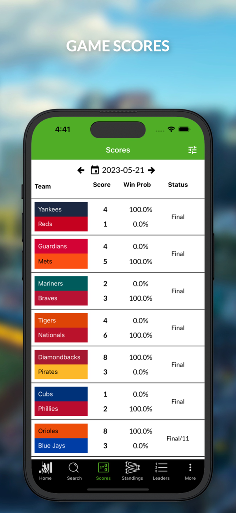 FanGraphs app displaying MLB game scores and win probability percentages