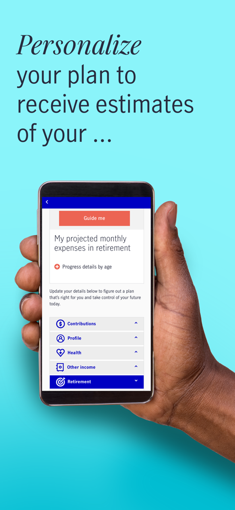 A hand holding a smartphone showing retirement expense projections in the John Hancock app