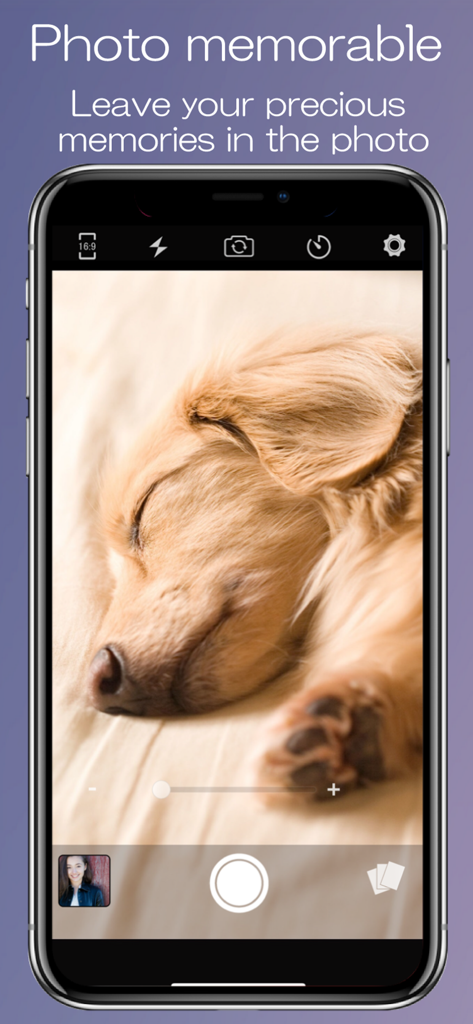 Photo++ ! - Interfaz de la aplicación de cámara del iPhone capturando a un perro durmiendo con el texto que dice Deja tus preciosos recuerdos en la foto