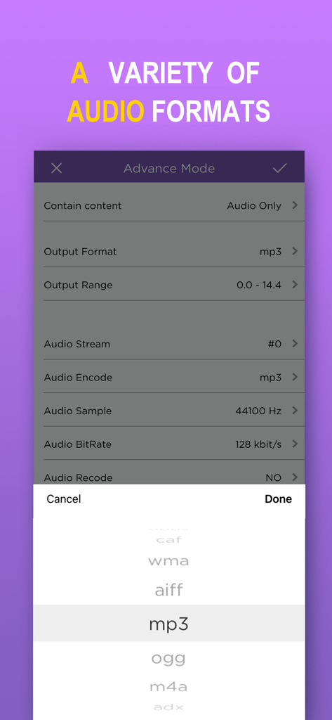 Advanced settings screen in the MP3 Converter app showing various audio output formats like MP3 OGG and M4A