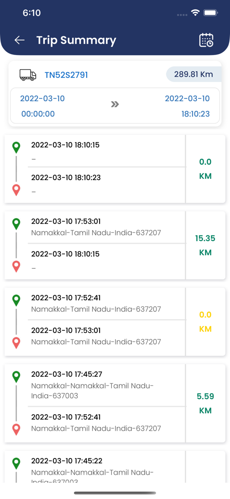 GPSVTS Pro - Detaillierter Reisebericht für Fahrzeuge in der GPSVTS Pro-App mit Zeit- und Distanzangaben